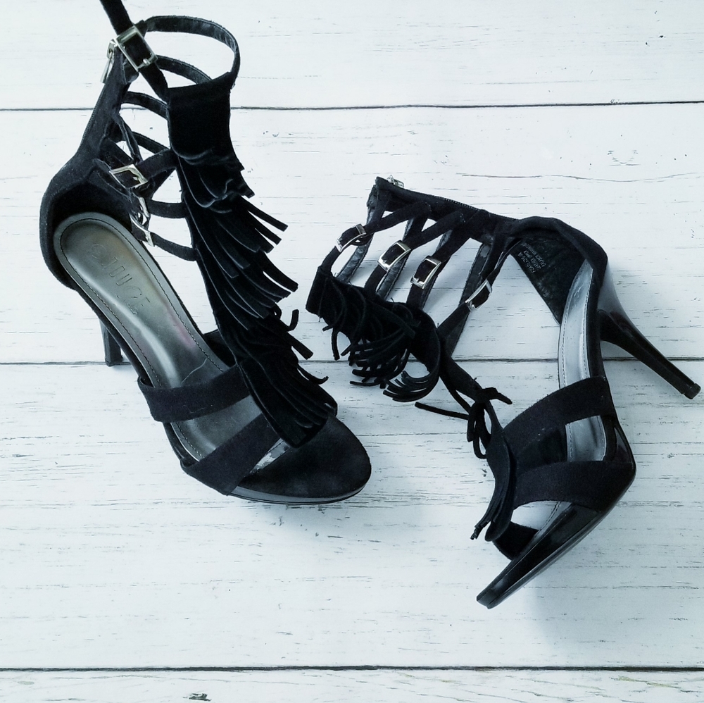 Black Leather Fringe Cage Stilettos | SZ•10